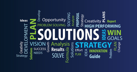 Solutions Word Cloud on a Blue Background