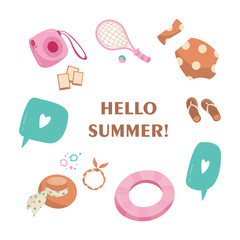 Hello summer! Cute modern flat set: camera, tennis racket, swimsuit, slippers, swimming circle, hat. Simple vector illustration.
