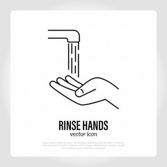 Washing hands: hands under faucet. Thin line icon. Hygiene for prevention coronavirus. Healthcare and medical vector illustration.