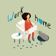 Isometry girl working at home on a laptop. Lattering work at home. Vector illustration of a girl sitting in red pajamas on a white chair, next to a table with coffee and a gray cat sleeping