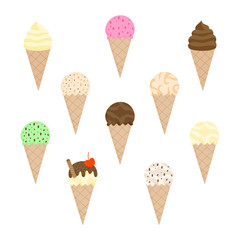 Cute ice cream vector illustration set. Hand drawn ice cream in waffle cones, summer collection. Different flavors of ice creams. Isolated.