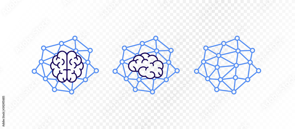 Poster knowledge and artificial intelligence concept. vector flat icon illustration set. brain sign on netw