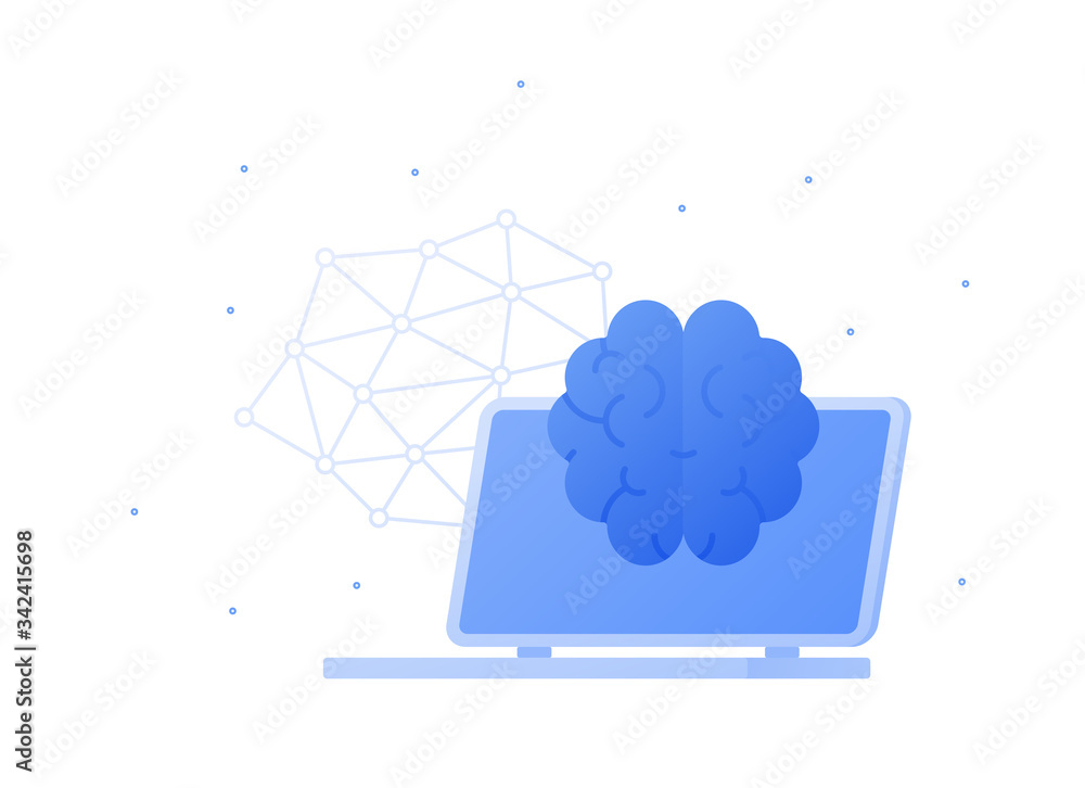 Poster knowledge and artificial intelligence concept. vector flat illustration. brain sign on laptop comput
