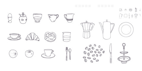 Vector classic breakfast food icon set. Realistic dishes, food illustration set in line art style. Elegant kit. Food set. Surface pattern design.