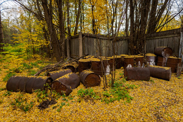A pile of rusty old oil barrels lying around between yellow autumn leaves in the military DUGA...