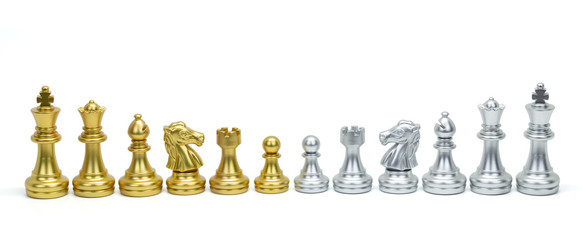 Golden and silver chess piece stand in a row isolated on white background. Clipping path