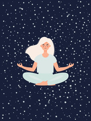 Vector illustration of a woman doing yoga in lotus pose on starry sky background