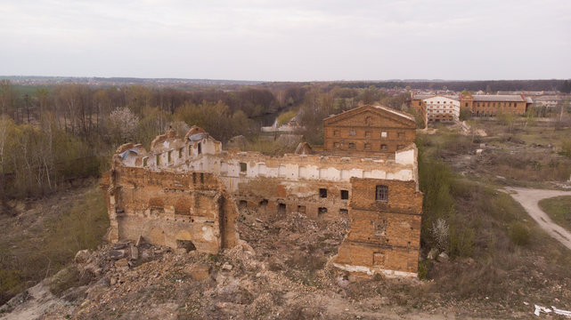 Old abandoned sugar factory in Viinitsia region, aerial view. Broken old factory. Destroyed house