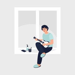 Vector illustration of young brunette man sitting on the window and plays the guitar at home. Quarantine coronavirus concept 