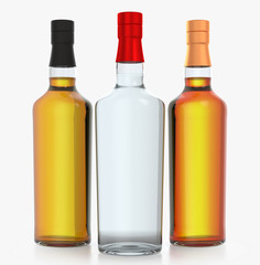 Glass bottle isolated with reflections. 3d illustration