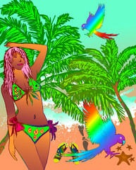 palm beach bikini girl surfer graphic design vector art