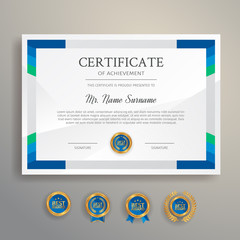 Modern blue certificate template and border, for award, diploma, and printing