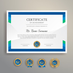 Modern blue certificate template and border, for award, diploma, and printing