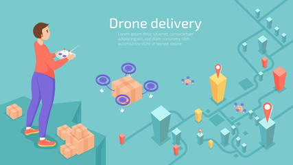 Man hold remote control , drone delivery. vector illustration about Air transportation modern concept.