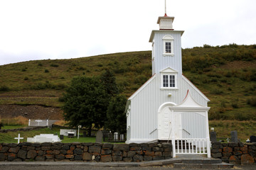 Akureyri / Iceland - August 26, 2017: The wooden church in Laufas Folk museum area, Iceland, Europe