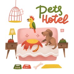 Happy dog , cat and parrot relax on a hotel bed. Animals Pets care concept. Pets hotel poster design with lettering. Room with toys and food . Flat textured hand drawn illustration