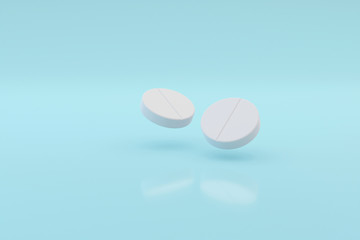 White round pills on soft blue background, 3d render illustration.