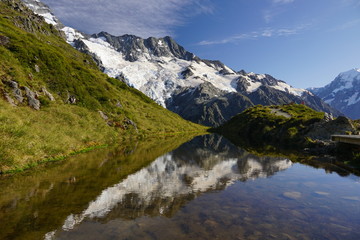 Fototapeta na wymiar MOUNT COOK NATIONAL PARK, NEW ZEALAND - MARCH 12, 2020: Sealy Tarns lake and mountain reflecting in its water