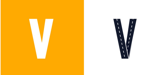 Letter V. Road font. Typography vector design with street lines. On white and yellow background