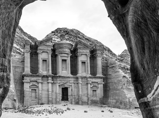 Cave view of Ad Deir at Petra in black and white, Jordan