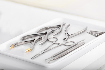 sterile professional pedicure tools on the table, cosmetology