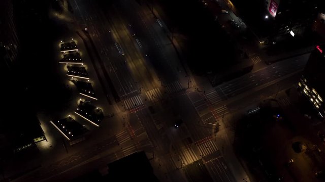 Drone 4k. Night view of city. Warsaw in Poland