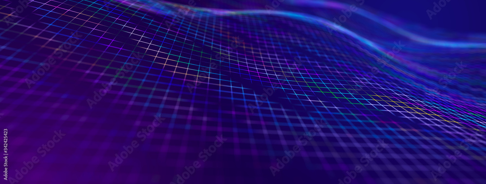 Poster The musical stream of sounds. Abstract background with interweaving of colored dots and lines. 3d rendering.
