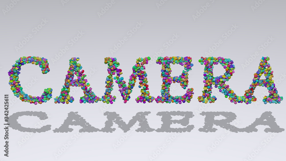 Poster camera: 3d illustration of the text made of small objects over a white background with shadows