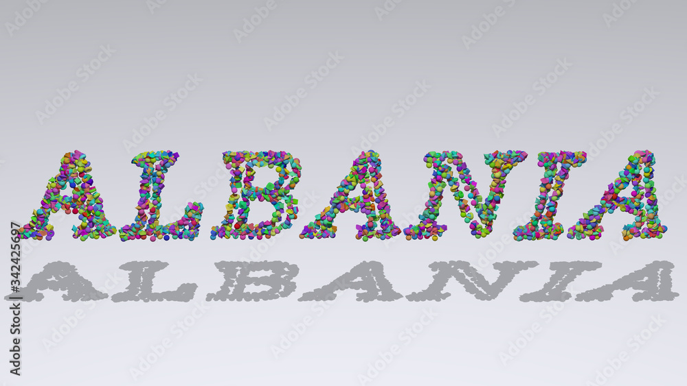 Poster colorful 3d writting of albania text with small objects over a white background and matching shadow