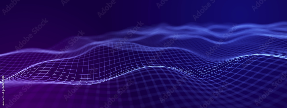 Fototapete Wave of interlacing points and lines. Abstract background. Technological style. Big data. 3d rendering.