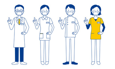 Illustration set of smiling healthcare workers (doctors, nurses, physiotherapists, radiologists)