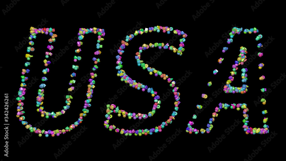 Poster colorful 3d writting of usa text with small objects over a dark background and matching shadow