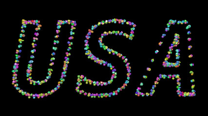 Colorful 3D writting of Usa text with small objects over a dark background and matching shadow