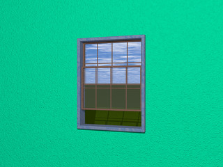 Sash window made of stone and wood on SPRING GREEN wall opened to outside grass and blue sky with light reflection. 3D