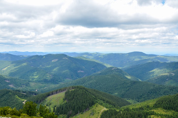 Naklejka na ściany i meble Beautiful mountains landscape was taken high in the Carpathian Mountains. Cloudy sky fresh green meadows and pine forest convey the atmosphere of the Carpathians.