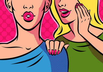 Two women gossiping, whispering in ear. Pop art retro vector illustration.