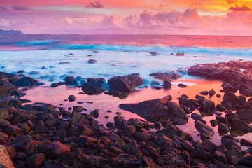 Sunrise on Lava Rock Shore at Ahukini Landing, Lihue, Kauai,Hawaii, USA