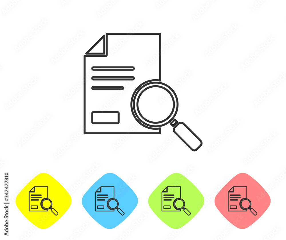 Poster grey line document with search icon isolated on white background. file and magnifying glass icon. an