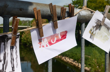 Bild mit Mut Wort an Geländer einer hohen Brücke mit Wäscheklammer befestigt. Kinder haben es...
