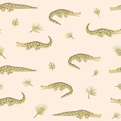Crocodile vector seamless pattern.  Cute pattern for kids, gender neutral on yellow background. Safari alligator for wrapping paper, fabric, textile, wallpaper, home decor
