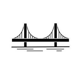 Suspension bridge black silhouette icon isolated on white background. Urban architecture. Vector illustration.