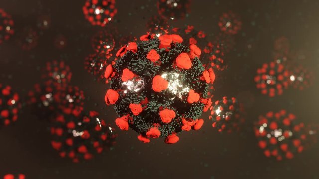 Viruses, Virus Cells under microscope, floating in fluid with dark  background. Pathogens outbreak bacterium and virus, disease causing microorganisms. COVID-19. Coronavirus. 3D looped animation