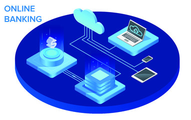 Vector Isometric Illustration of Internet Banking Ecosystem with Cloud Computing and Electronic Devices