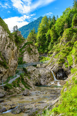 Beautiful scenery of Stuibenfälle - River and waterfall at Reutte in mountain scenery of Alps, Austria