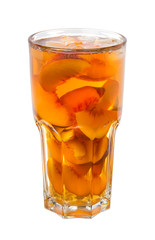 Fototapeta na wymiar Peach iced tea in a glass summer soft drink isolated on white background 