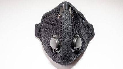 Air filtration mesh mask with active carbon filters. Black medical mask. Face mask protection...