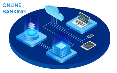 Isometric Illustration of Internet Banking Ecosystem with Cloud Computing and Electronic Devices