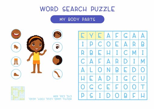 My body parts word search puzzle flat vector design. Anatomy learning game for kids template, cartoon worksheet idea. Childish printable crossword with human external organs names layout