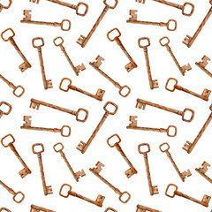 Watercolor old rusty keys seamless pattern. Hand drawn vintage rustic elements isolated on white background. Illustration for cards, posters, Halloween decoration, design, package.