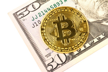 Bitcoin, fiftydollar bills on  white background. Business, money, cryptocurrency concept.